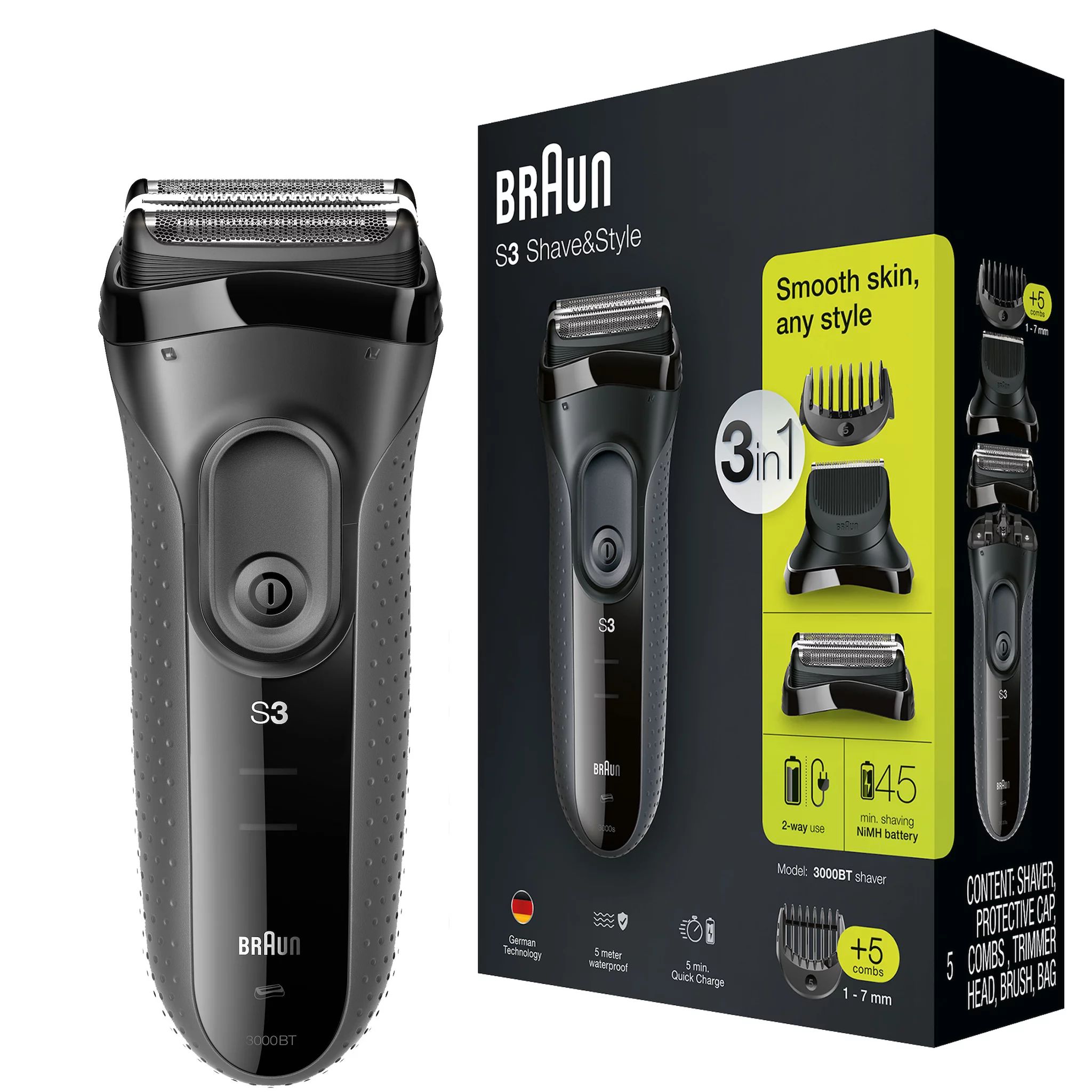 Braun Series 3 - 3000BT Shave&Style Herrenrasierer & Präzisionstrimmer, 5 Kammaufsätze